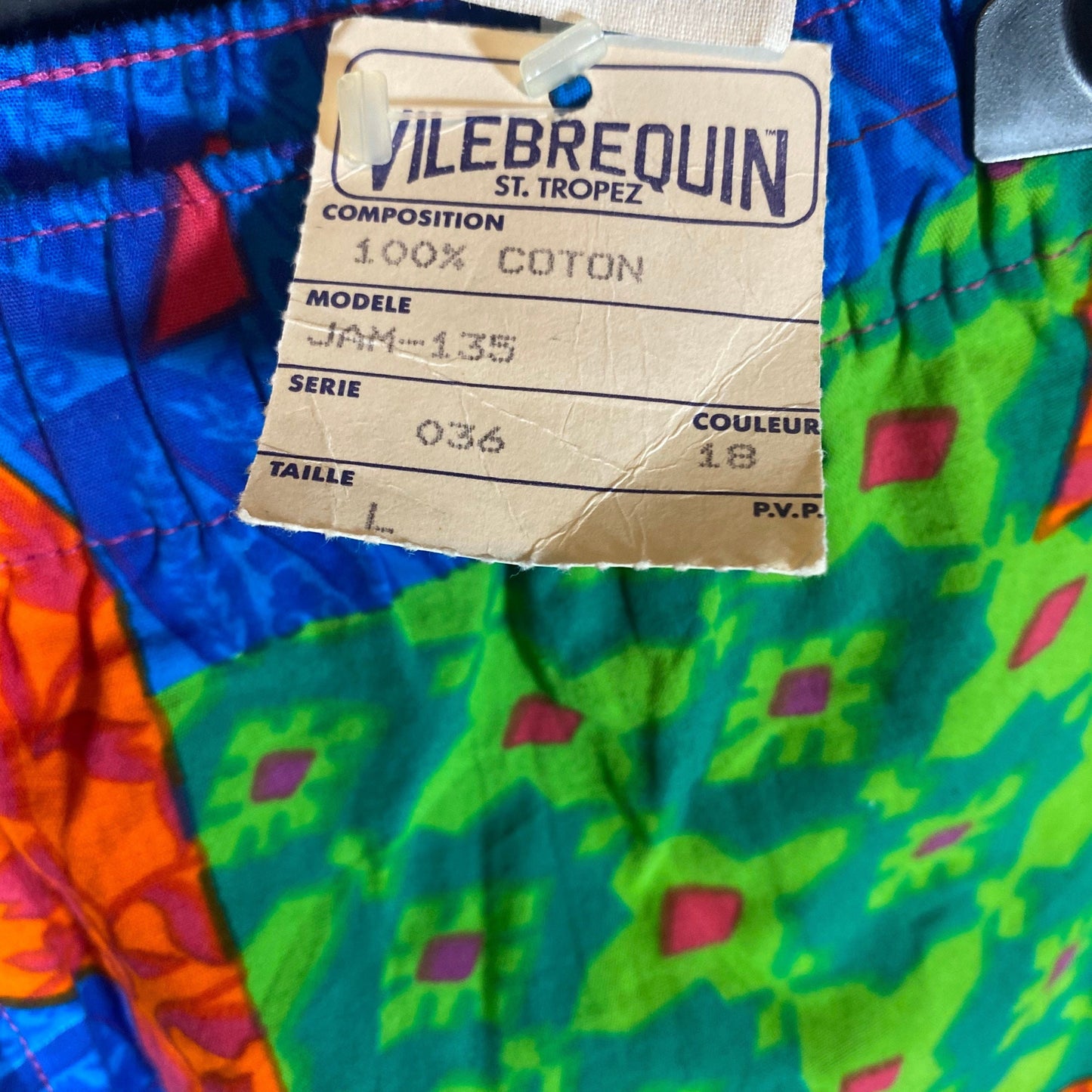Vilebrequin St Tropez vintage swim shorts in a colorful red/blue/green pattern, NOS with tags