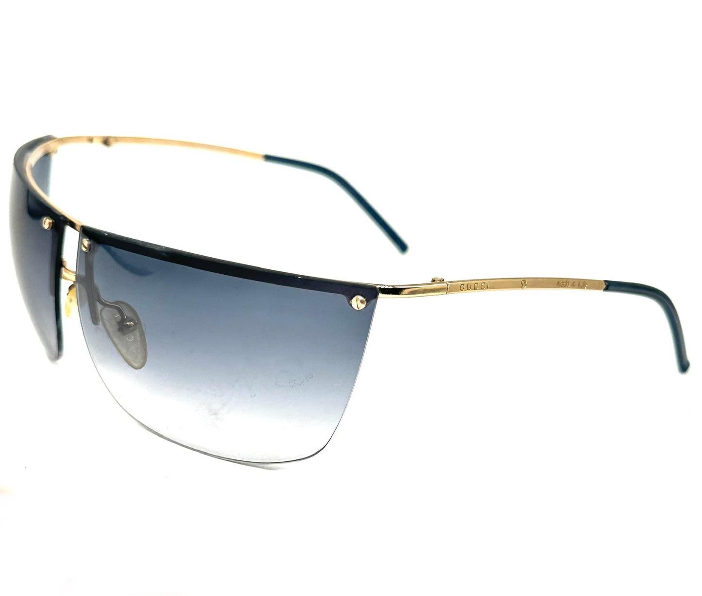 Gucci GG2653 golden rimless wrap sunglasses w grey fade lenses, NOS early Y2K Italy mint