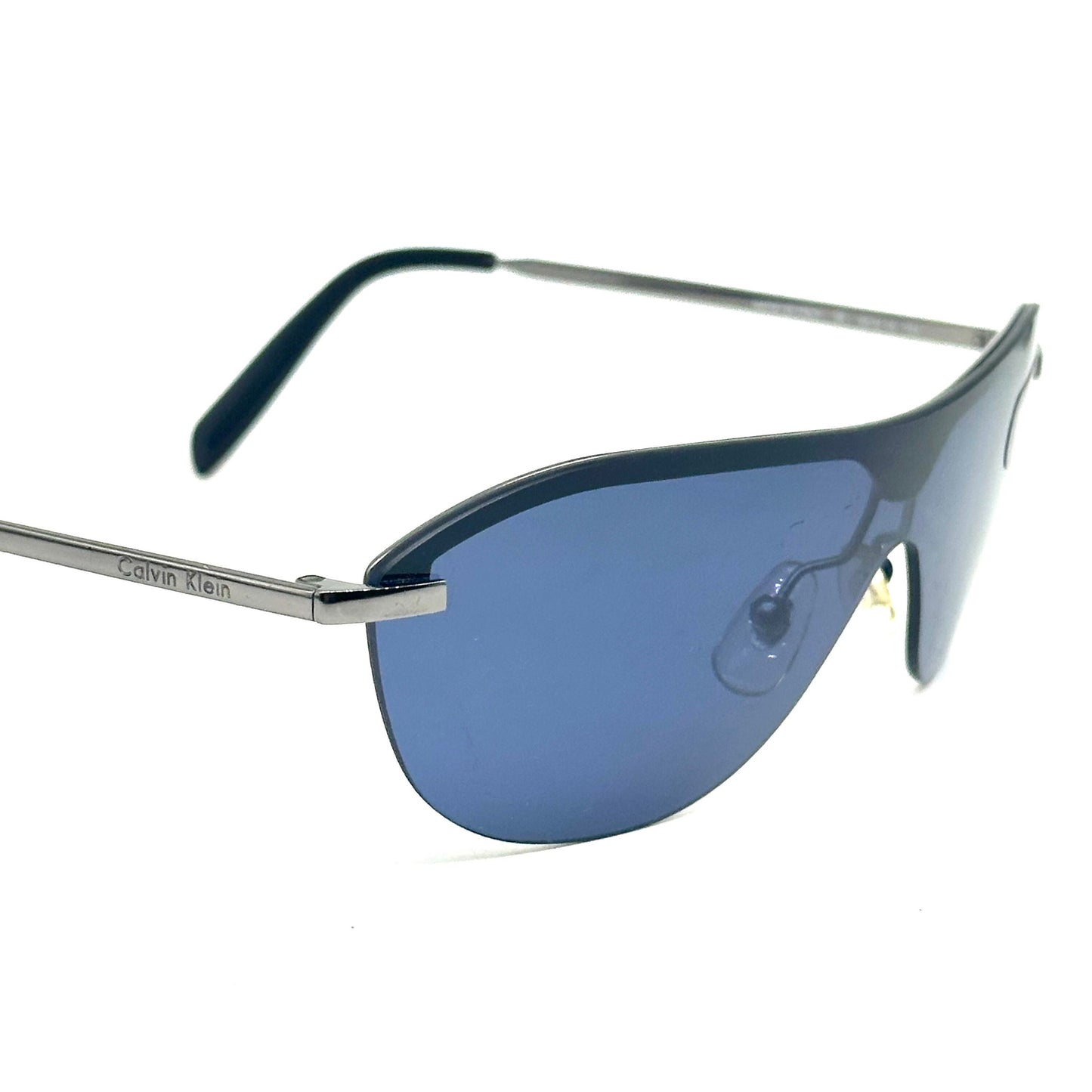 Calvin Klein 168S silver metal shield frames mask sunglasses with blue lens vintage 90s NoS