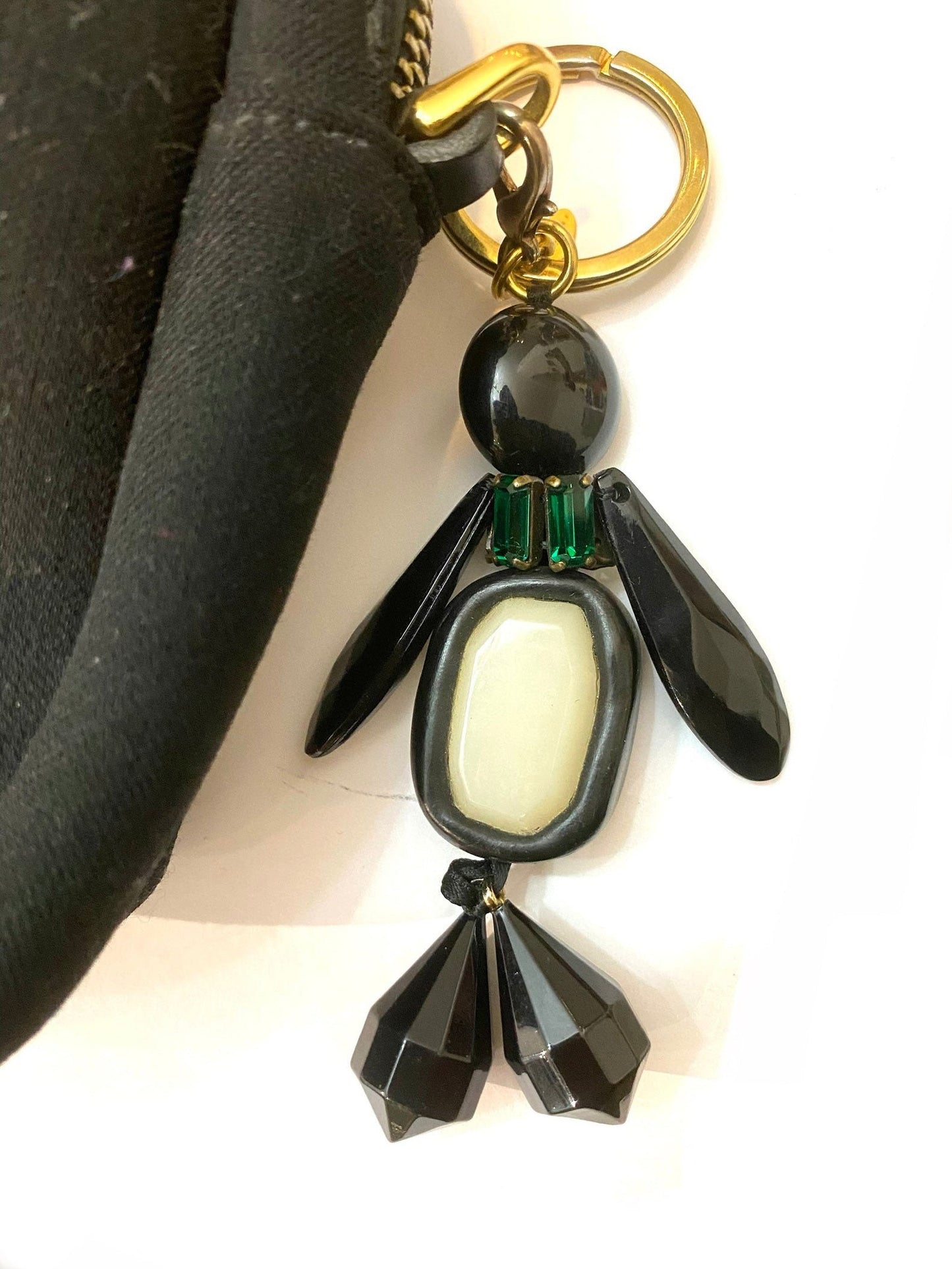 Marni black canvas pouch bag w leather handle & beaded keychain