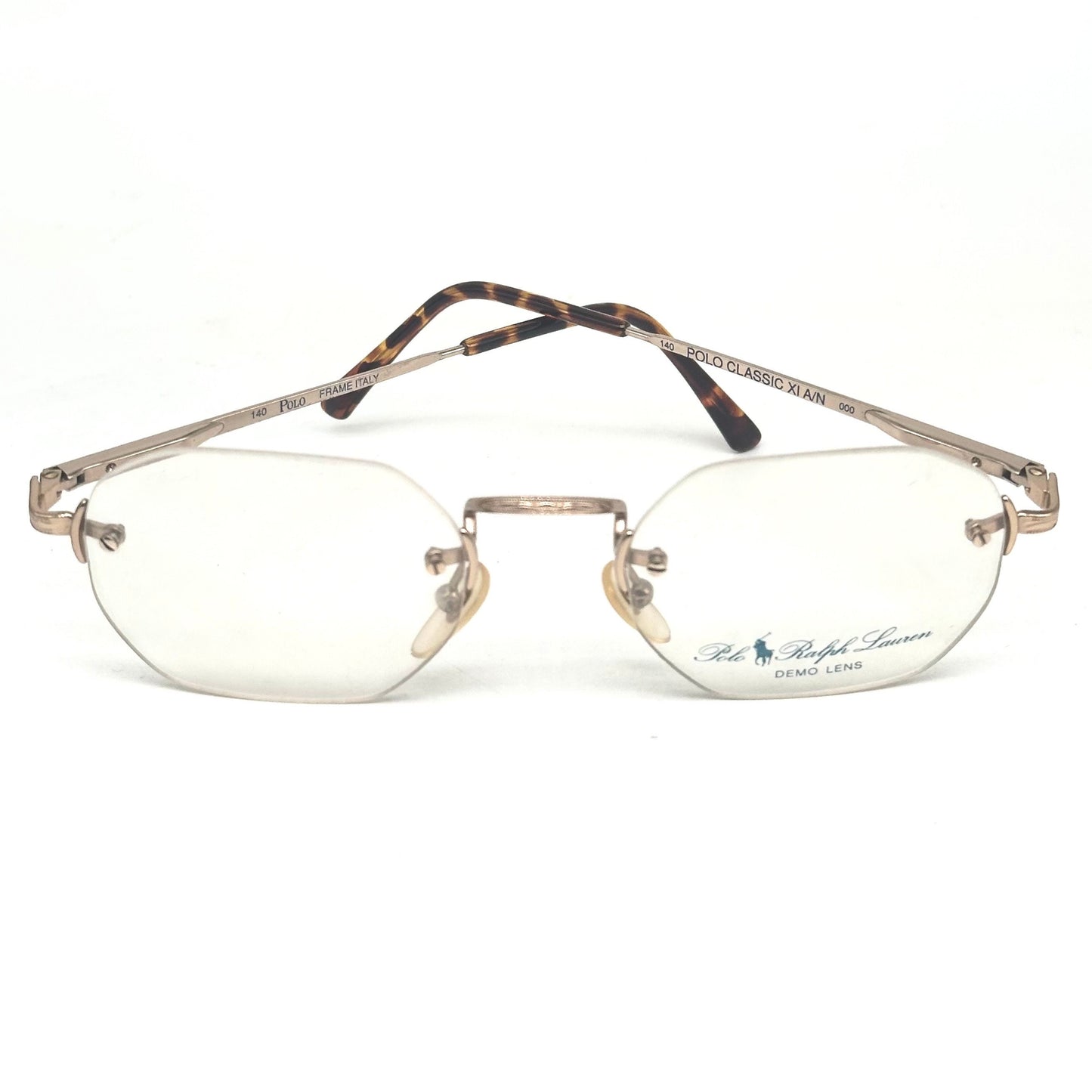 Ralph Lauren polo classic XL retro deco style rectangular rimless golden metal eyeglasses frames, 80s NOS Italy