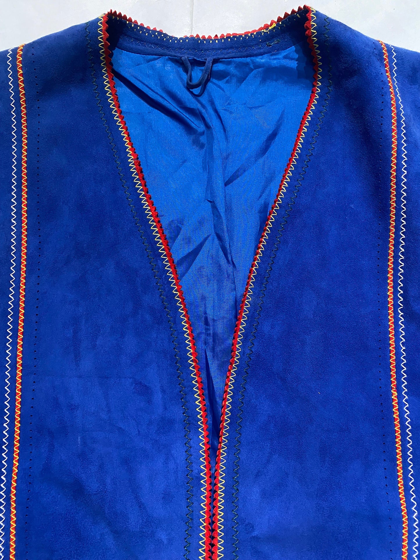 Pancaldi blue suede 2pcs vest / long skirt set w yellow/red striped and cutoff lotus flower detail, NOS 70s Mint