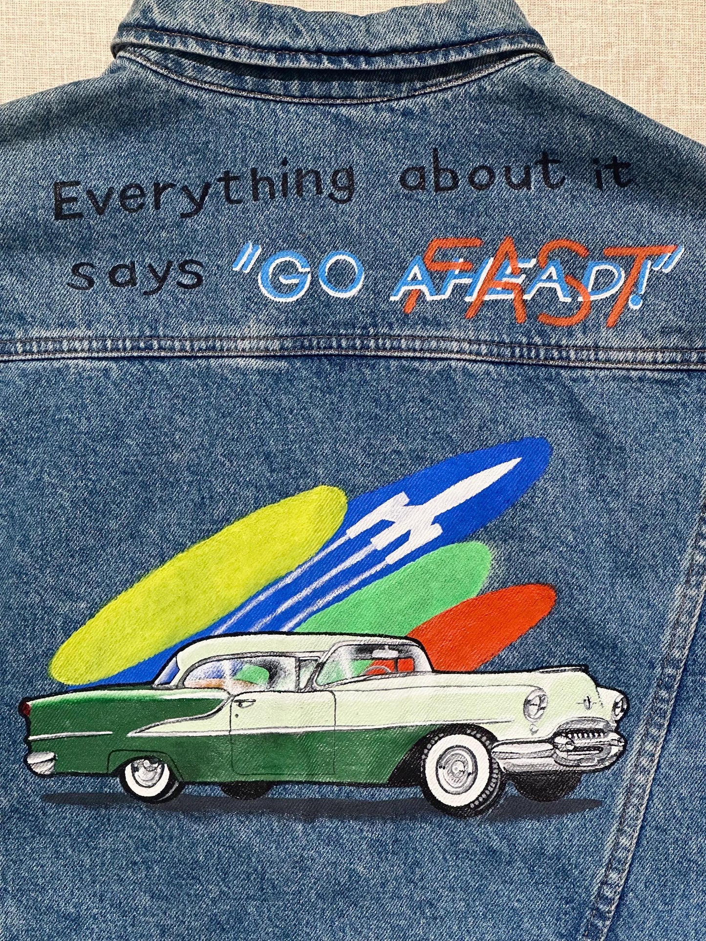 Outsider hand painted ladies denim jacket Cadillac advertising 60s, hand painted denim jacket made to order, custom made jacket