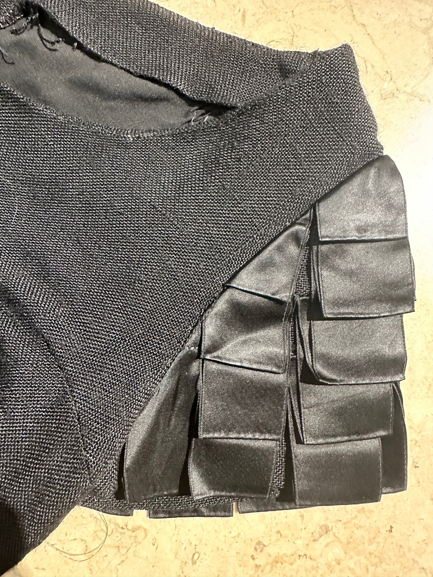 Polly Peck by Sybil Zelker 1960s black linen dress w pleated ribbon detail, mint
