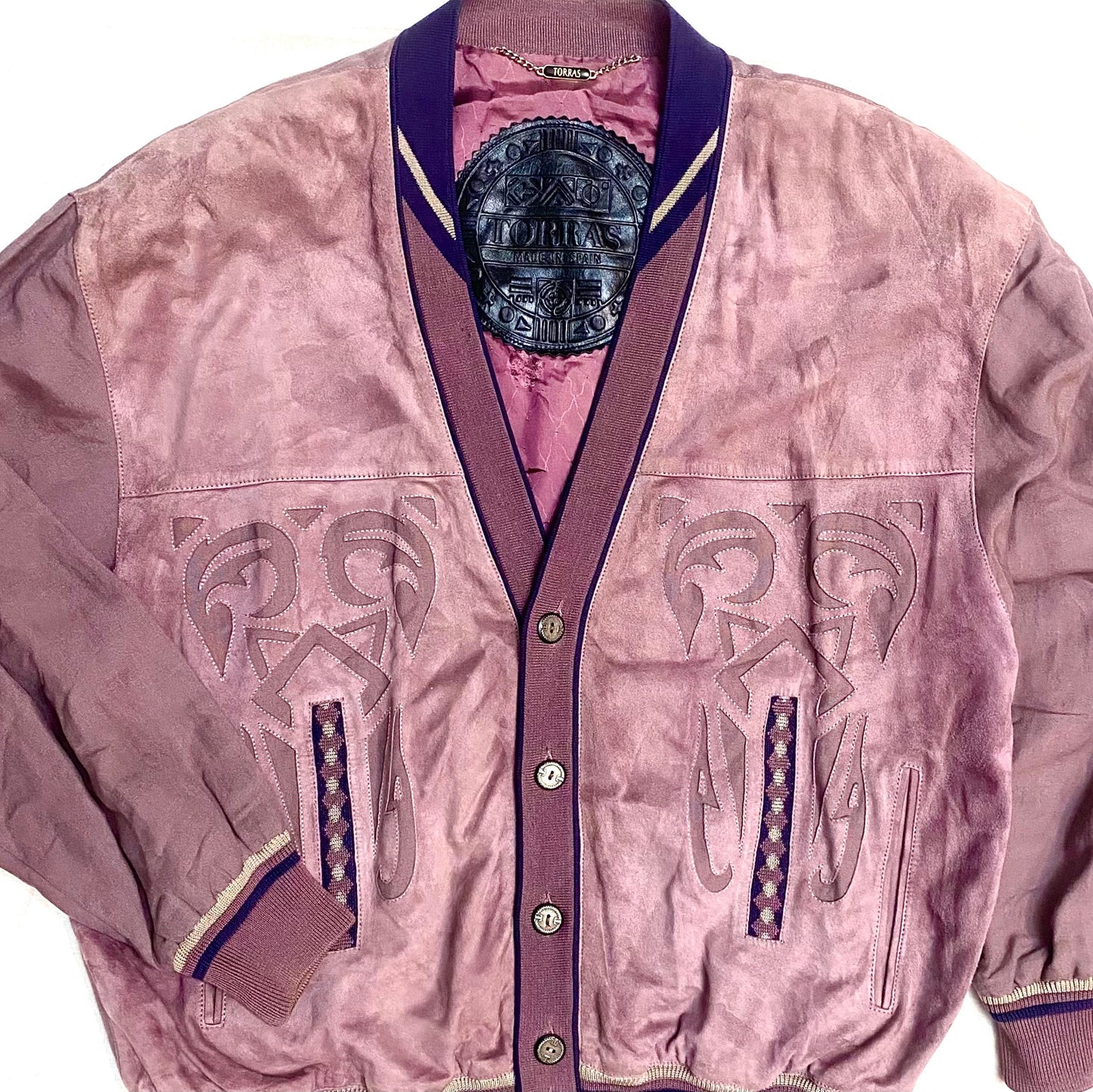 Torras pale purple bomber jacket in suede leather & linen canvas , 90s hand made in Spain, Mint