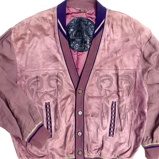 Torras pale purple bomber jacket in suede leather & linen canvas , 90s hand made in Spain, Mint