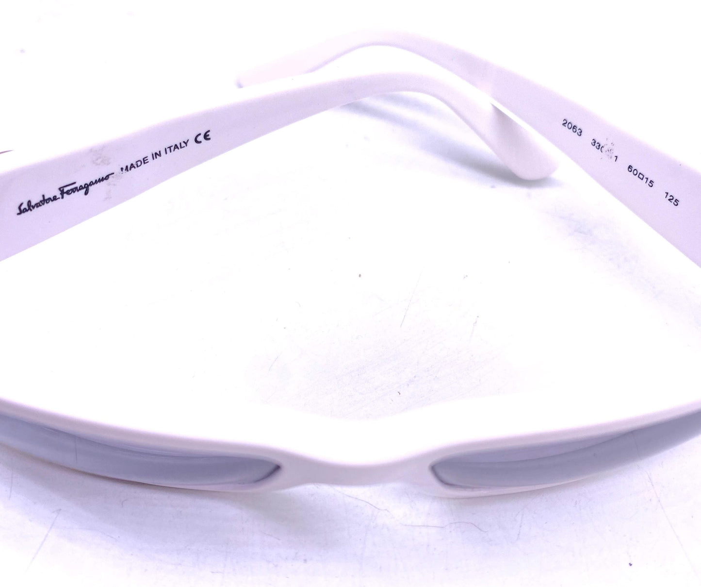 Ferragamo white acetate rectangular sunglasses w golden metal details / logo inlays, NOS