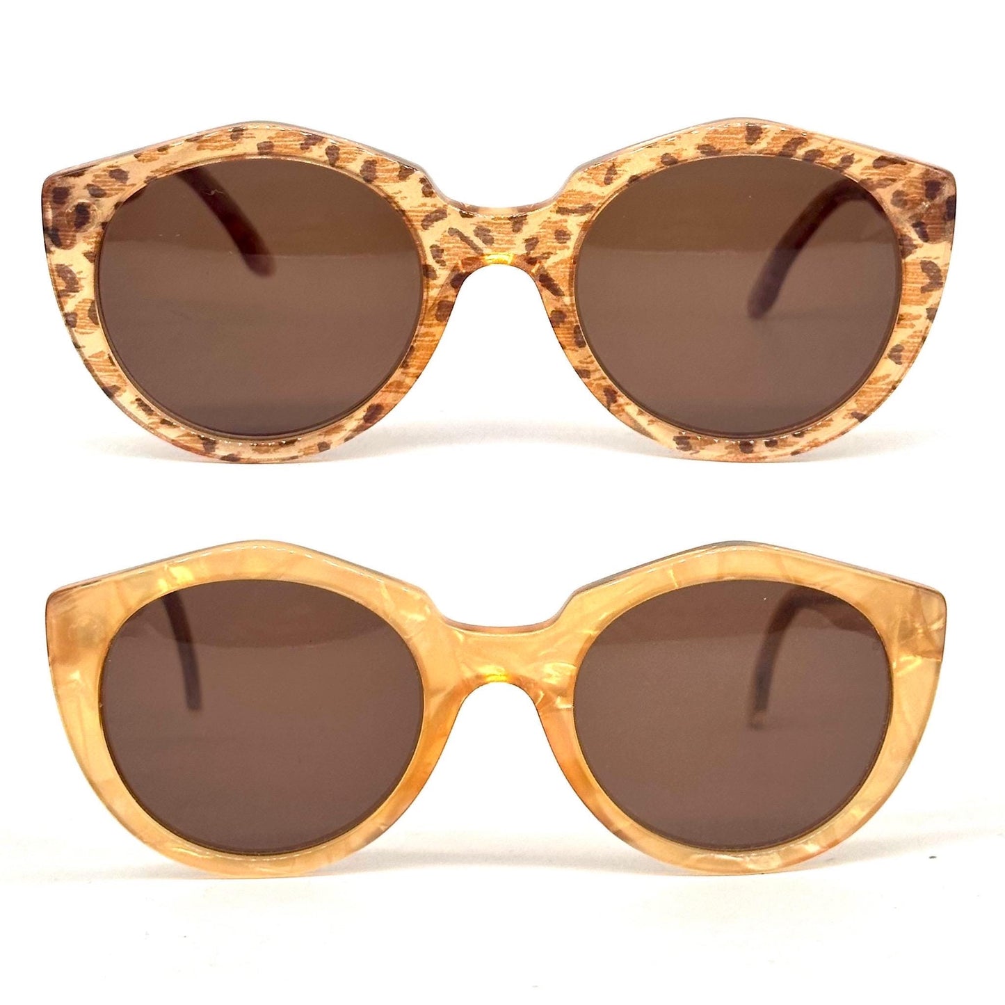 Fiorucci 406 occhiali da sole vintage rotondi fantasia ghepardati e madre perla giallo, Made in Italy anni '80 NOS