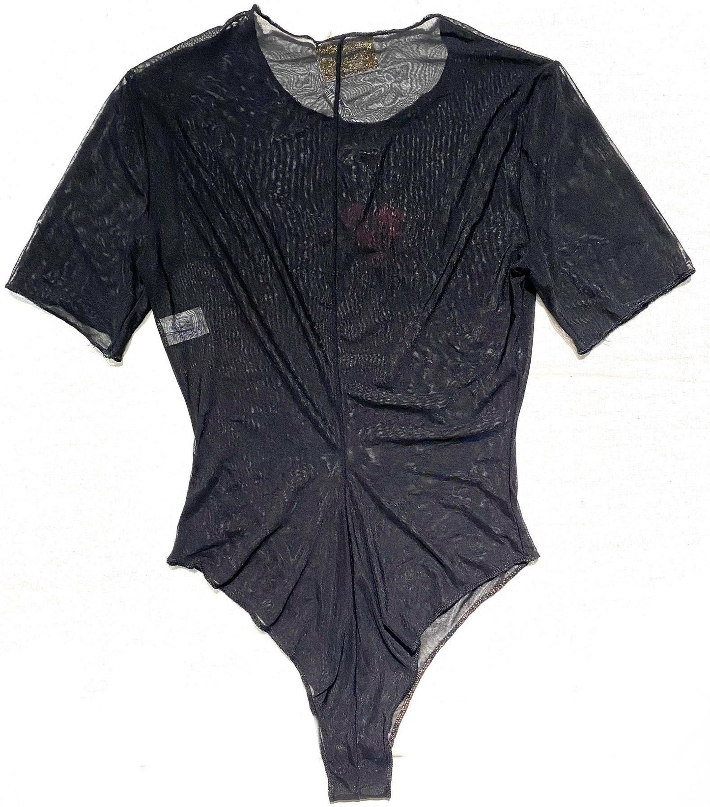Blumarine black Lycra bodysuit, translucent & shiny fine mesh fabric w iconic “Sexy Blumarine” heart print, NOS 90s BNWT