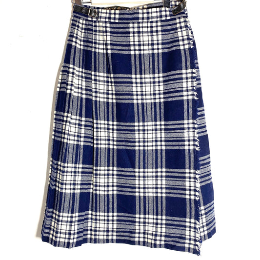 Gore-Ray blue-white tartan kilt, long skirt with leather straps, mint condition, 80s made in Uk