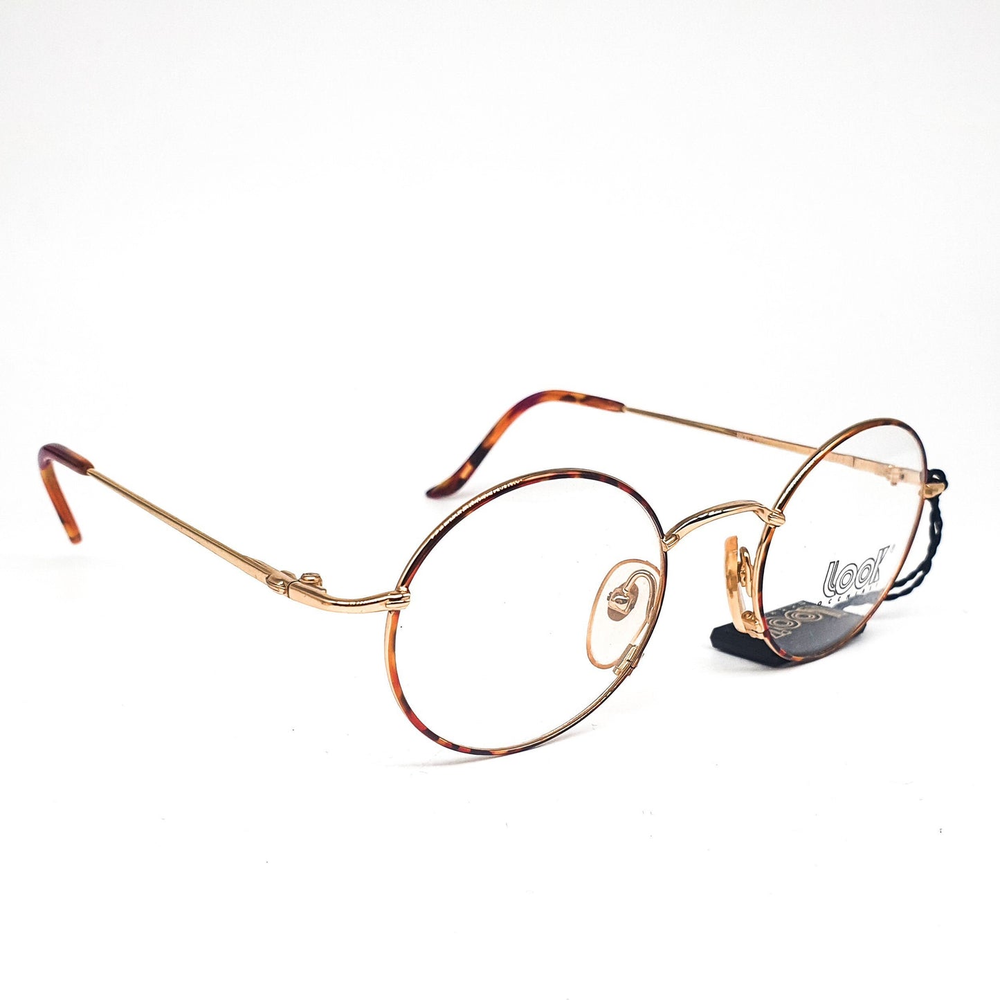Look round gold metallic eyeglasses frames made in italy with tortoise cable rim, 1980s nos