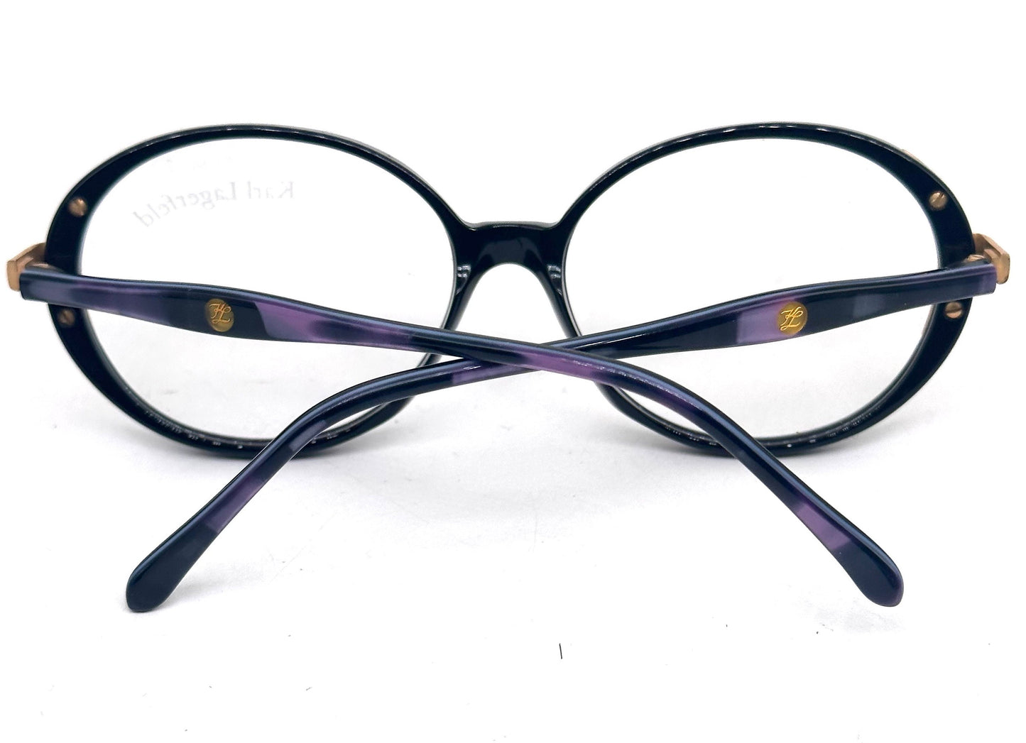 Karl Lagerfeld 80s NOS oval ladies frames, purple pearl cello w/ golden decò carved details, beautiful