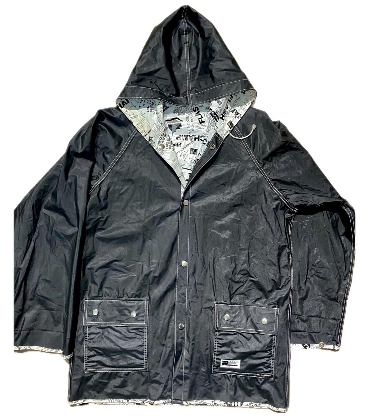 Renco Marwell hooded reversible rain jacket, black nylon & b/w fashion news print PVC jacket, sz S, XL