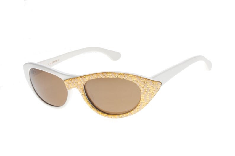 Nouvelle Vague white pointed cateye sunglasses with golden asymmetrical fabric inlay, NOS 80s Italy