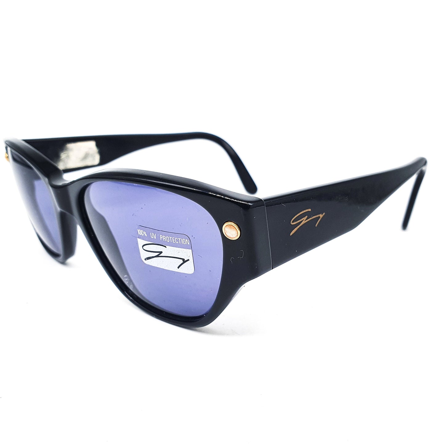 Genny 169s black cellulose acetate cat eye sunglasses With dark blue lenses and shinny golden pins, Italy 70s NOS