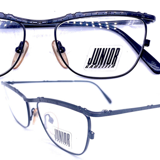 Junior Gaultier 57-3174 black metal cateye frames with “unrolled” watch bezel browline, collectible and cool, NoS 80s Japan