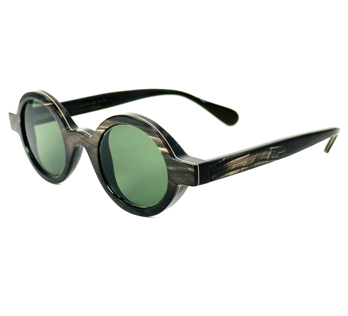 Hoffmann Amalia hand made round buffalo horn sunglasses fitted w green antiglare lenses mint