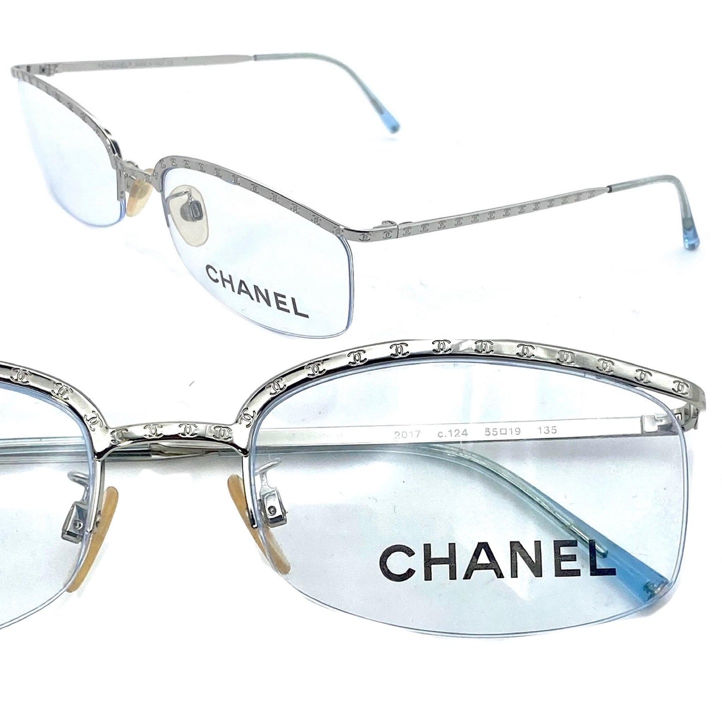 Chanel modernist half rim silver glasses w CC logo carved allover, NOS early Y2K mint