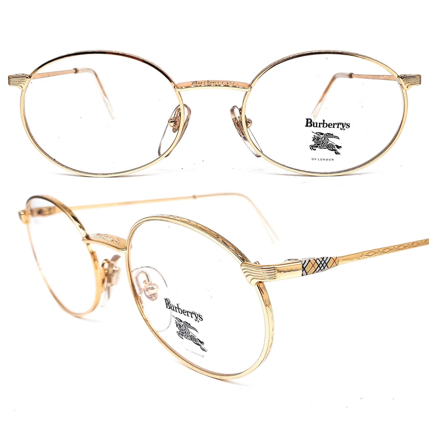 Burberrys B56-01 montature per occhiali ovali metalliche dorate moderniste vintage con classico tartan sulle aste, NOS anni '90 Francia