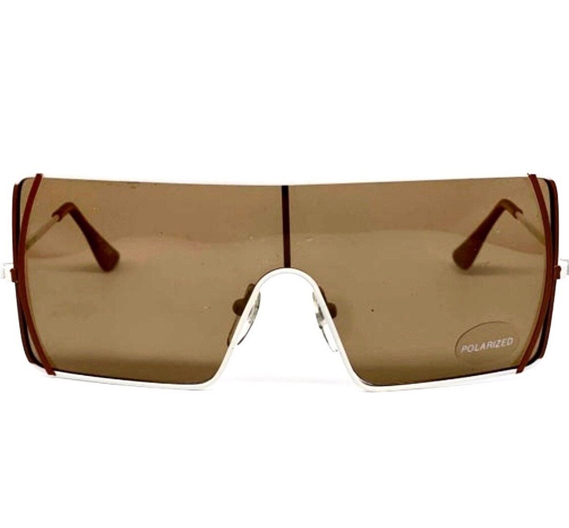 Krizia KM2 minimalist squared shield sunglasses in white & brown enameled metal, NOS 80s