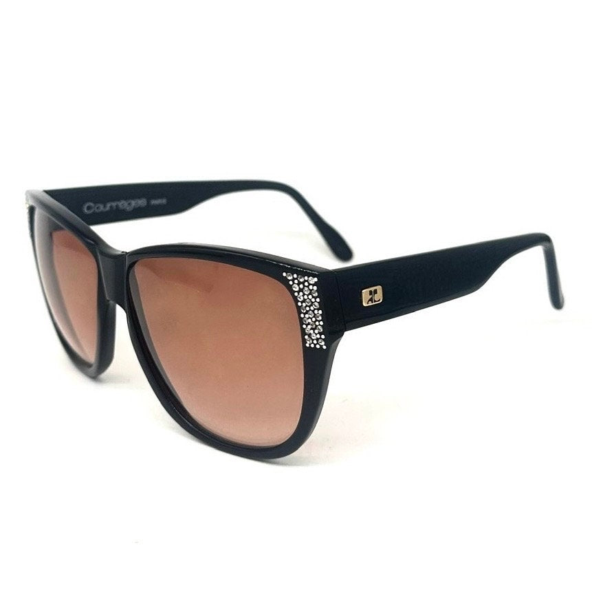 Courreges 8712 black oversized sunglasses w gold logo and Swarovski adornement, hand made in France