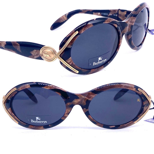 Burberrys oval wrap tortoise sunglasses w Carved logo on golden metal hinges , NOS 90s