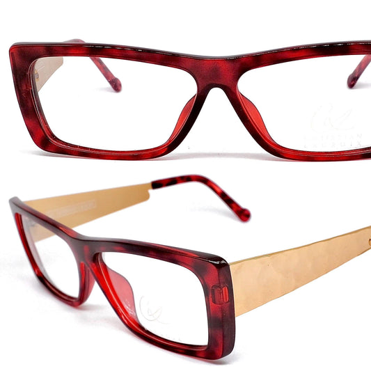 Christian Lacroix 7343 square red tortoise frames w thick hammered golden metal temples, NOS 80s France