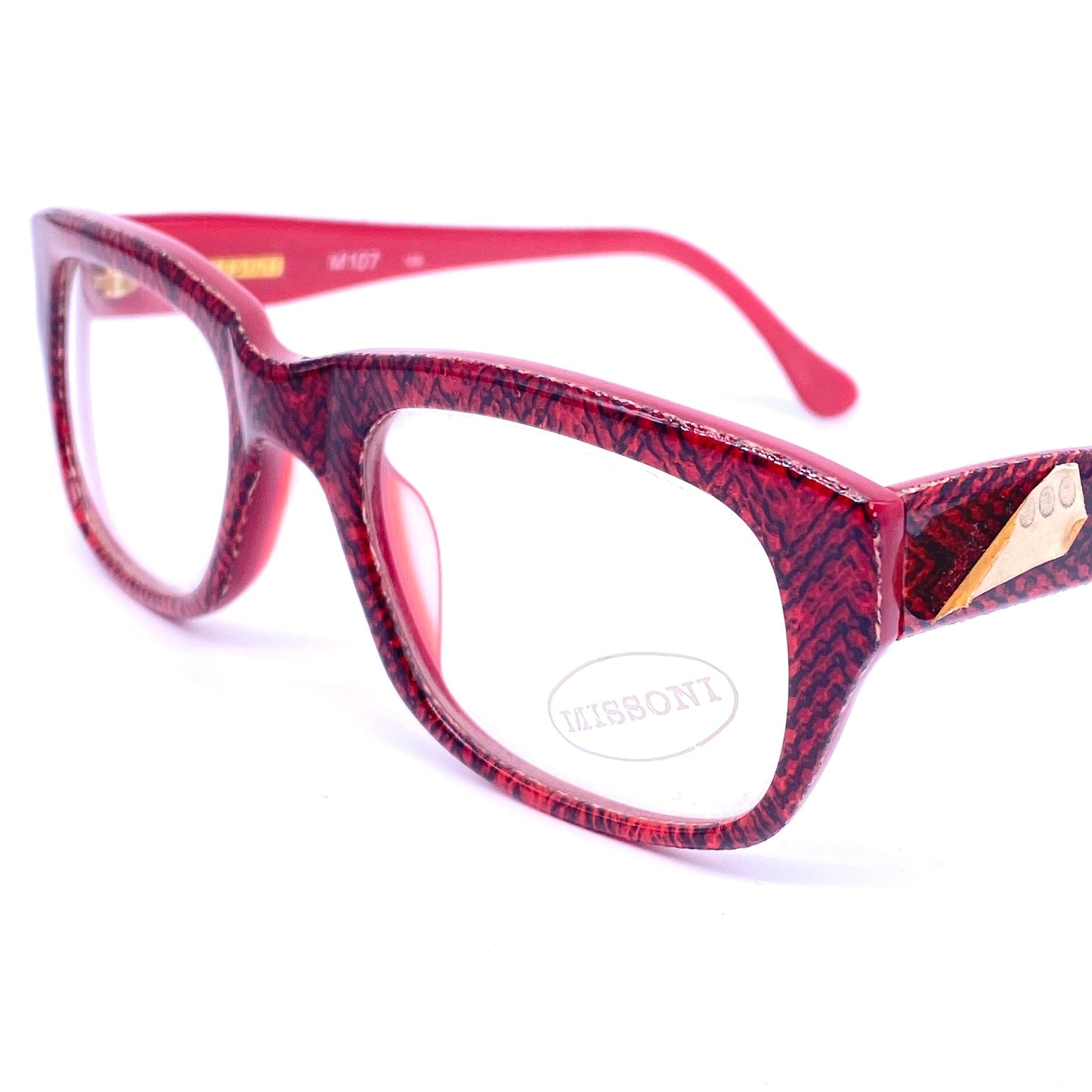 Missoni M107 iconic red chevron fabric inlaid square unisex frames, red base w black stripes, NOS 80s