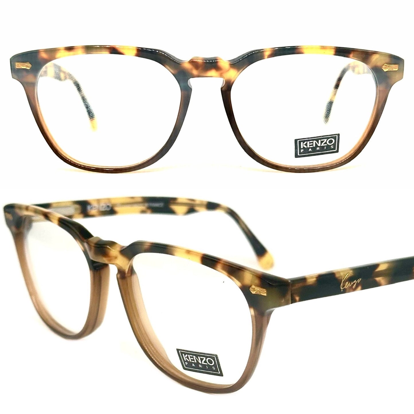 Occhiali da vista Kenzo K473 Sculpteur quadrati geek in bicolore tartaruga/violoncello marrone, NOS anni '80 Fatto a mano in Francia