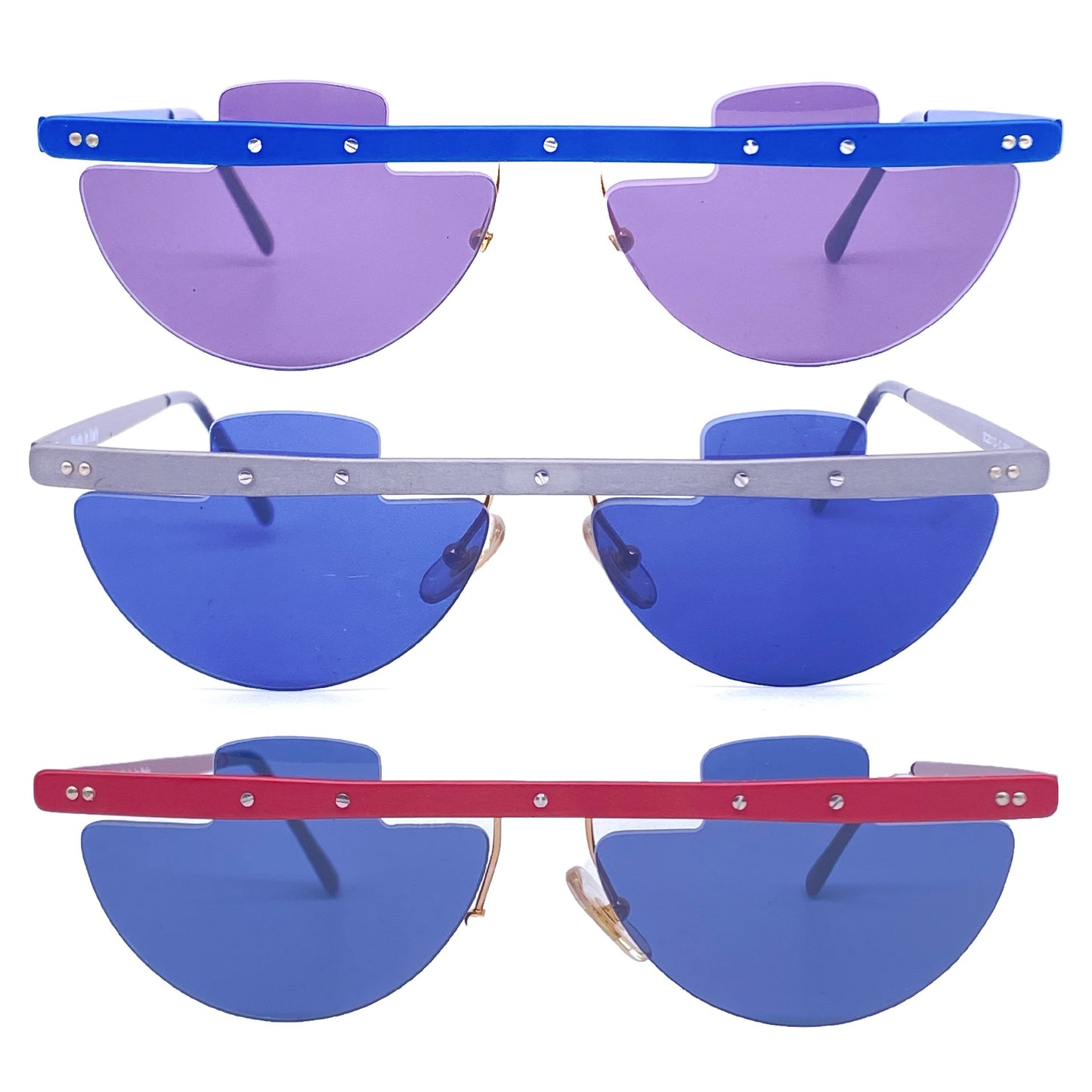 Sin&Cos semi circle anodized metal steampunk sunglasses, blue, silver or red, NOS 90s Italy