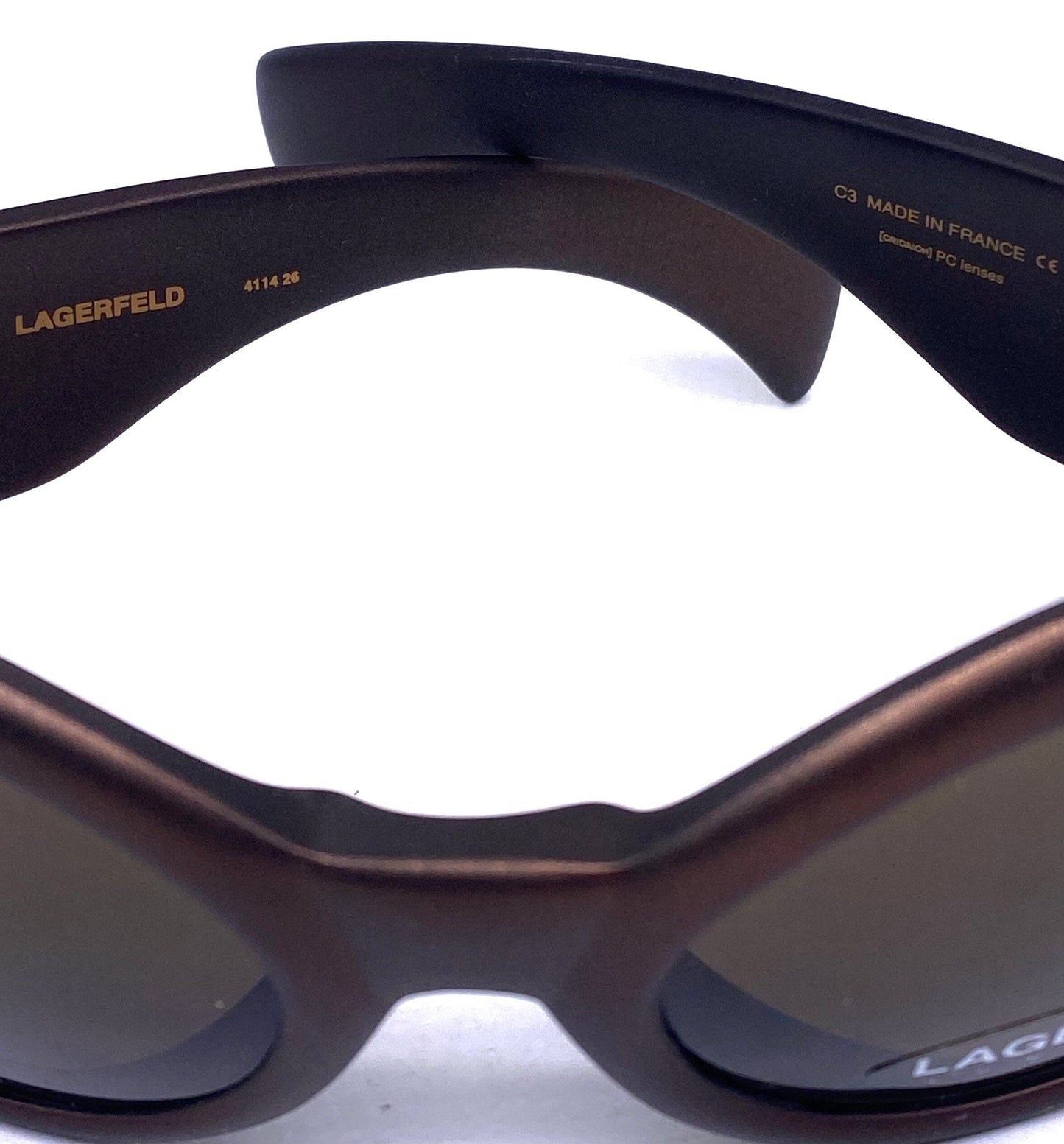 Lagerfeld 4114 oversized bug-eye copper cello sunglasses w cutoff logo, made France 90s NOS