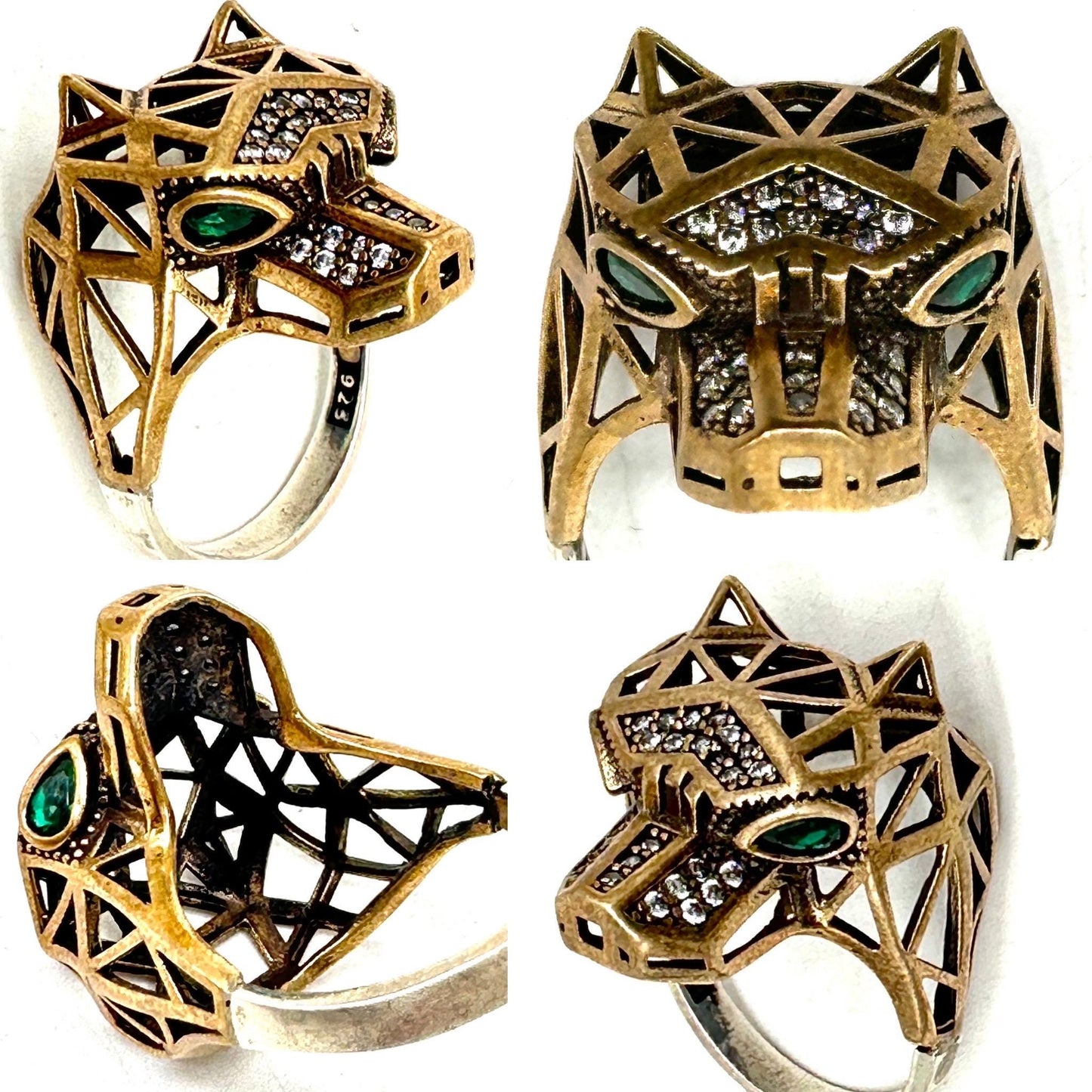 Anubi low-poly 925 silver-brass ring embellished w crystals, Beautiful and mint