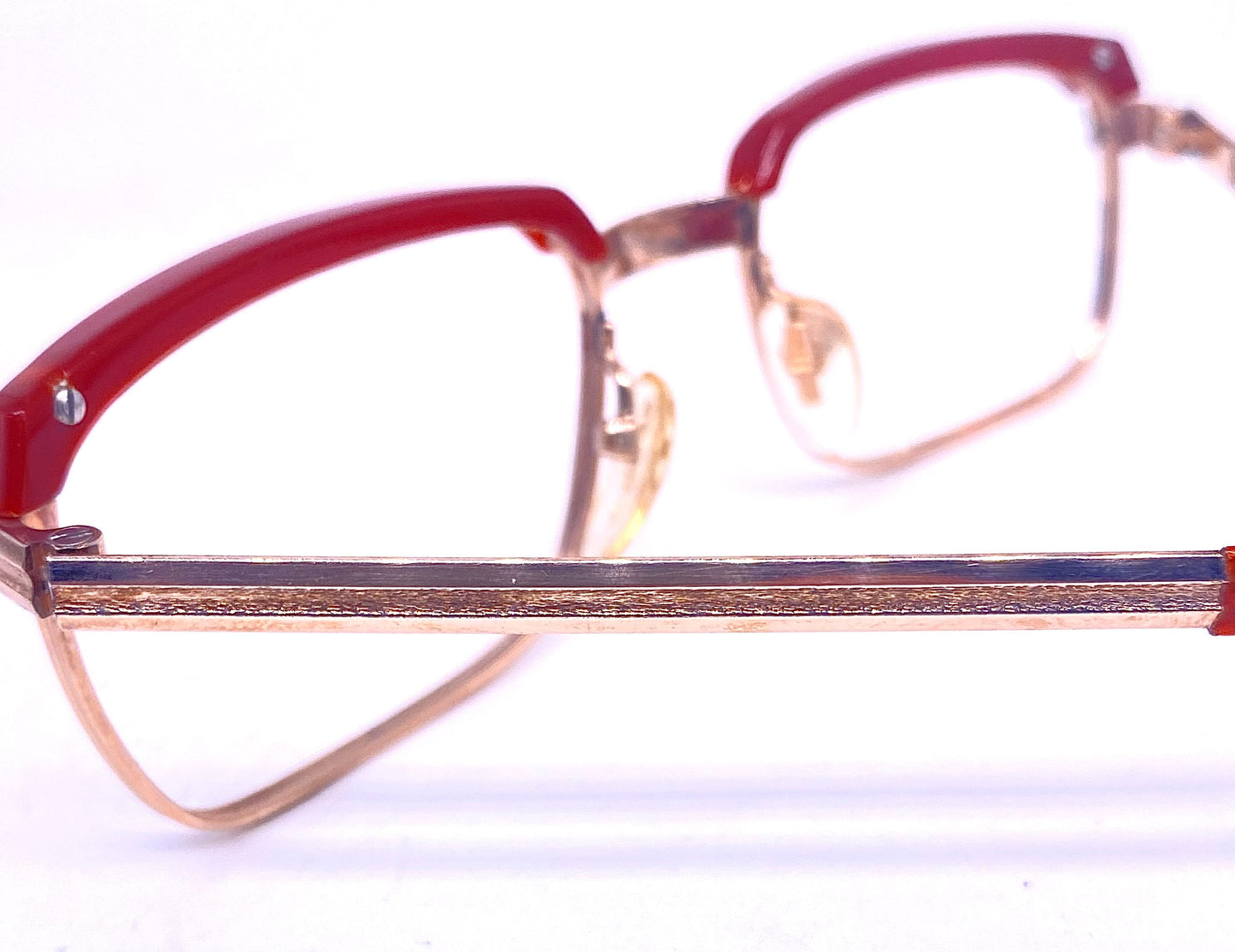 Safilo 1960s NOS square 20k gold plated eyeglasses with brick brownish red brows, mint