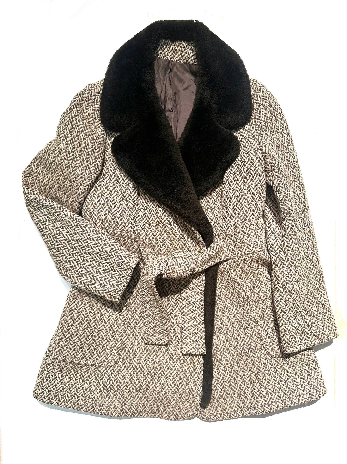 Modella 1970s beige/brown jacquard wool coat w/ faux fur collar, mint, sz 46