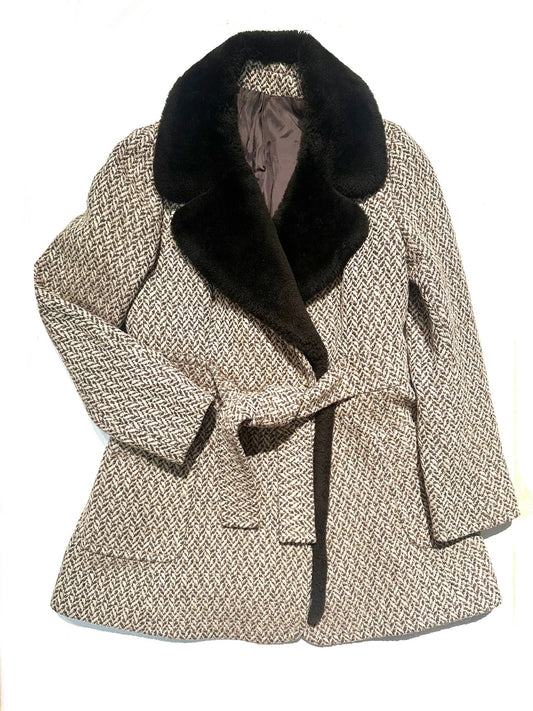 Modella 1970s beige/brown jacquard wool coat w/ faux fur collar, mint, sz 46