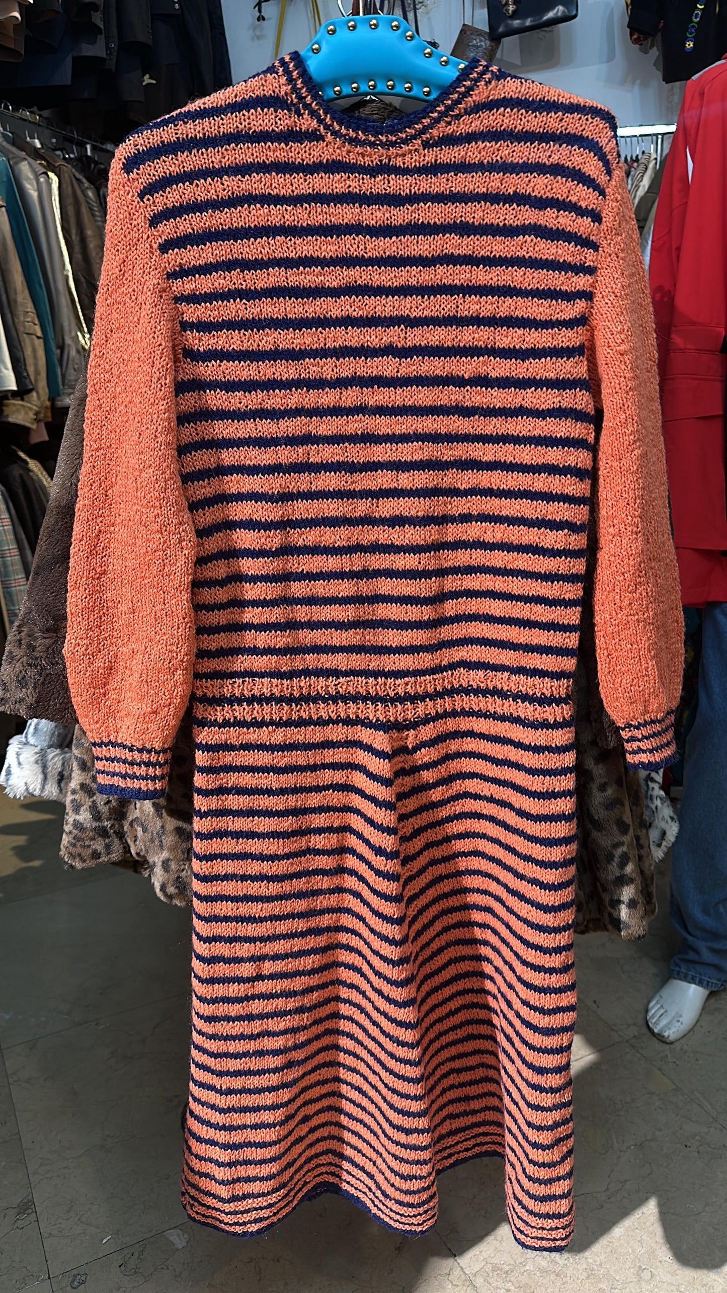 One of a kind Orange - Navy Striped hand knit maxi dress made in Italy in the 70s, in perfect condition.
