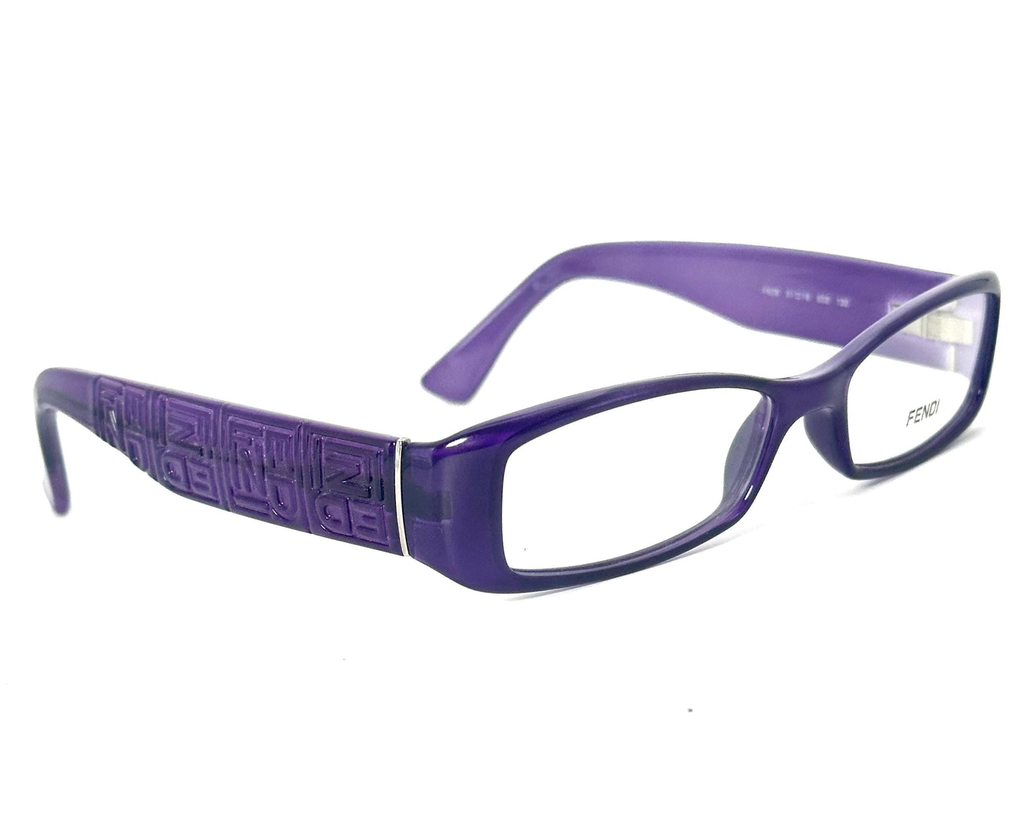 Fendi F809 sleek purple rectangle acetate frames, temples w carved monogram allover, NOS 90s mint