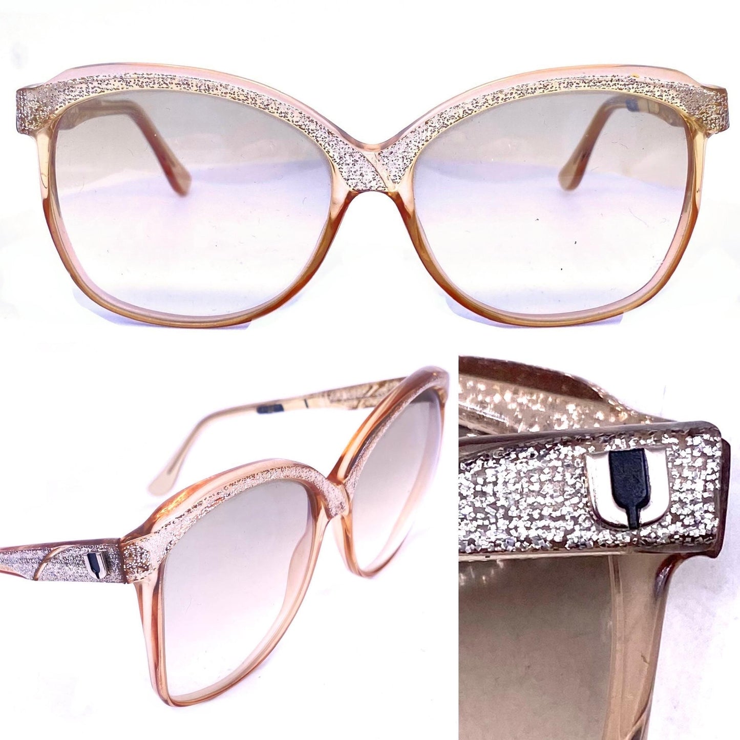 Ungaro Paris clear square oversized sunglasses w silver glitter layers, NOS 80s France