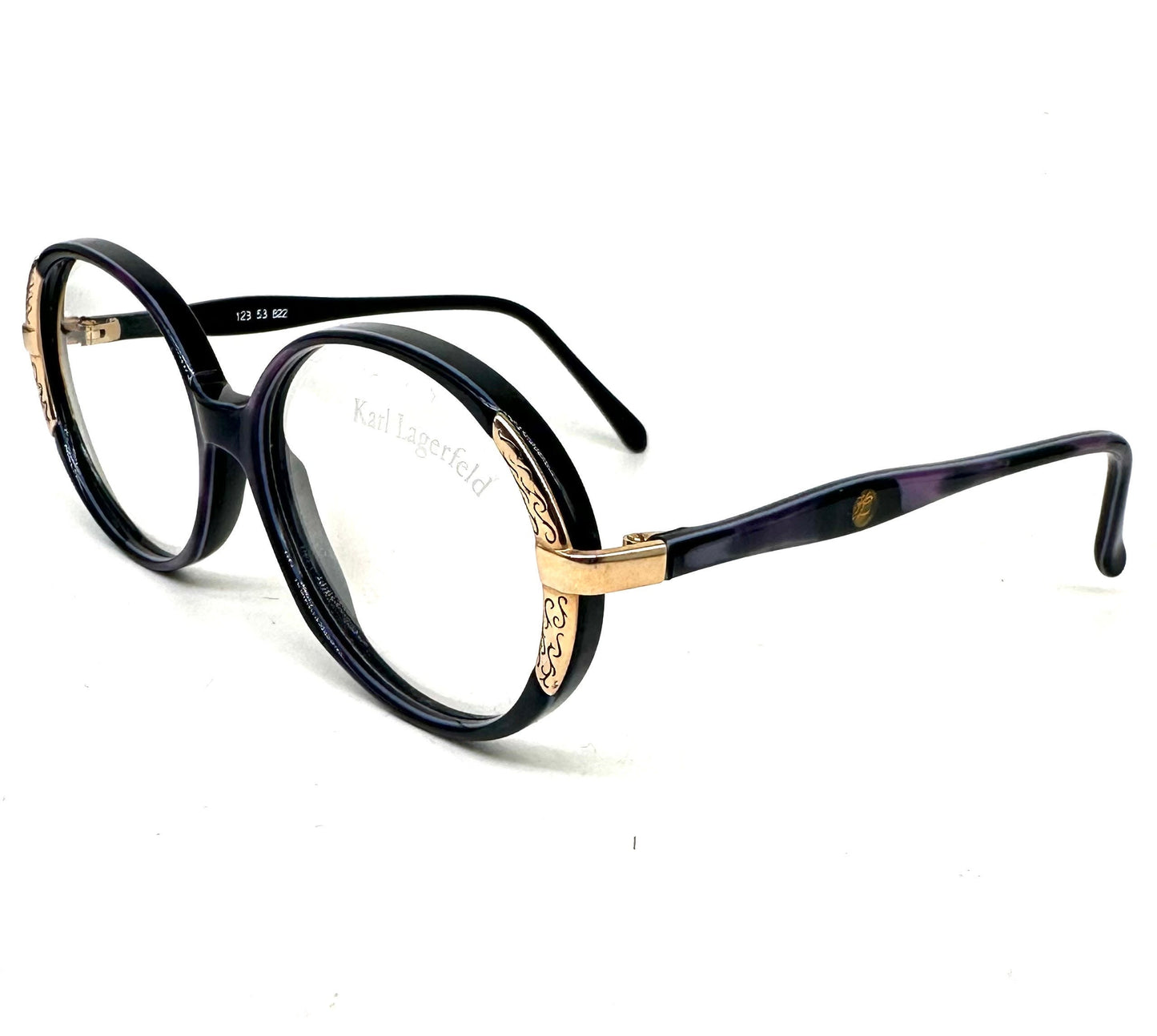 Karl Lagerfeld 80s NOS oval ladies frames, purple pearl cello w/ golden decò carved details, beautiful