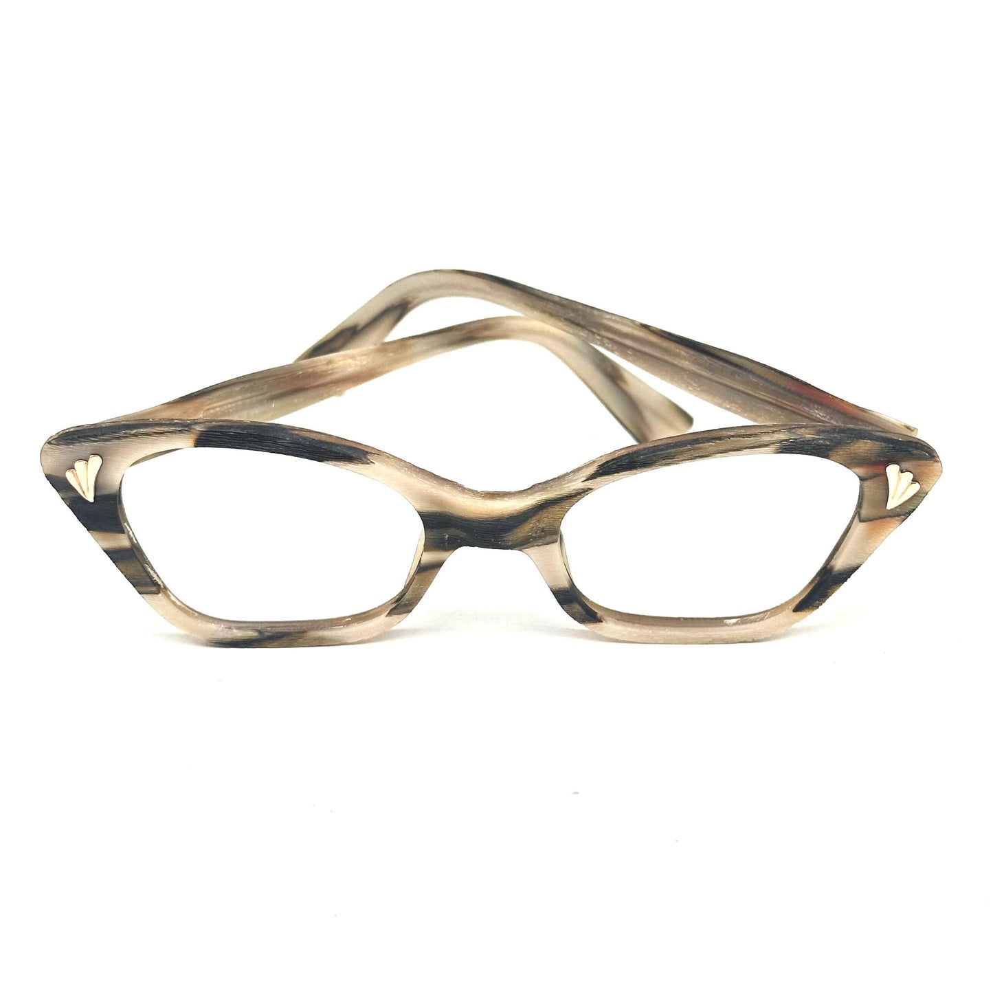 Baruffaldi 1950s PinUp Cateye glasses light wooden sand and brown effect acetate with golden leaves detail, NOS
