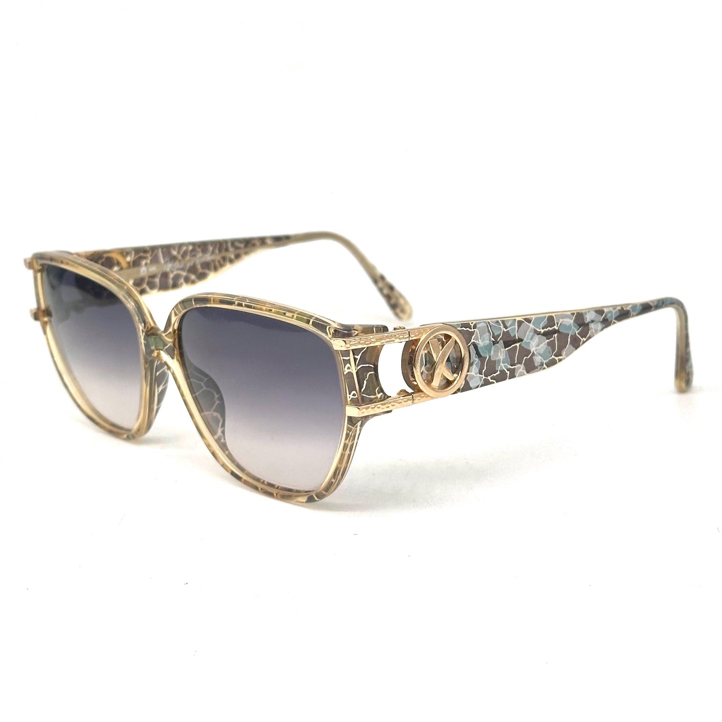 Paloma Picasso 3860 optyl crackled glaze frame in brown, green, gold and turquoise shades, gold logo emblem detail on the temple 90s NoS