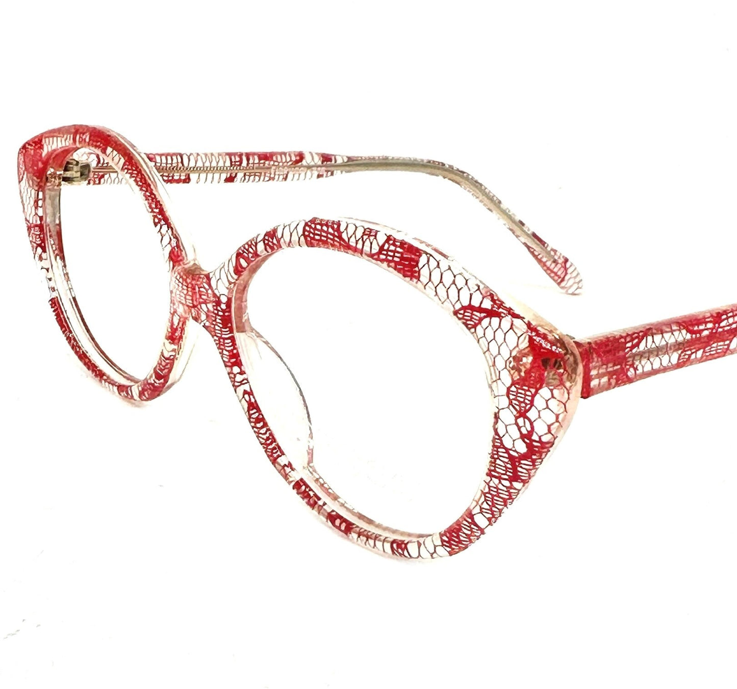 Fiorucci 218 clear cateye glasses frames w red laces inlaid, NOS 80s Italy