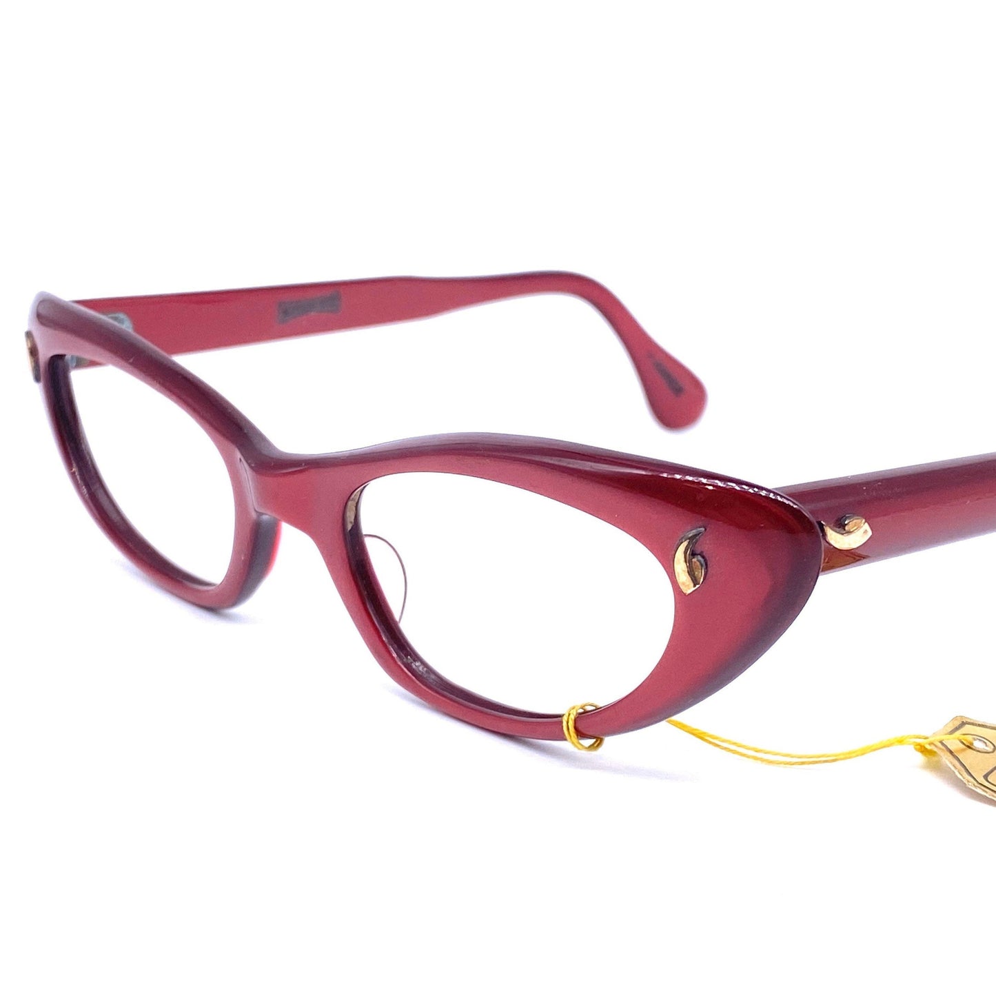 Interoptica 1950s NOS cateye eyeglasses frames, burgundy with gold pins, mint condition new with tags.