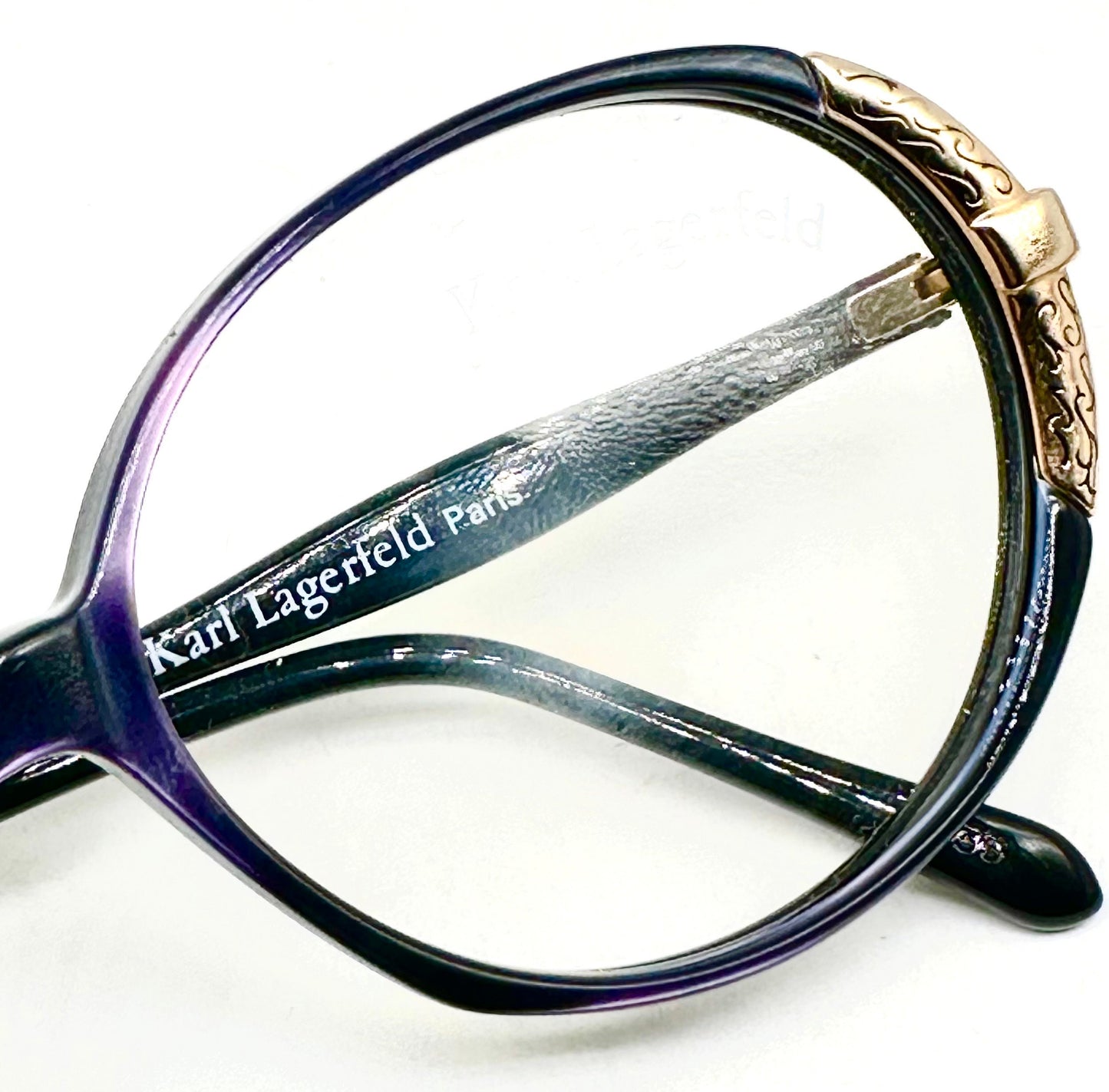 Karl Lagerfeld 80s NOS oval ladies frames, purple pearl cello w/ golden decò carved details, beautiful