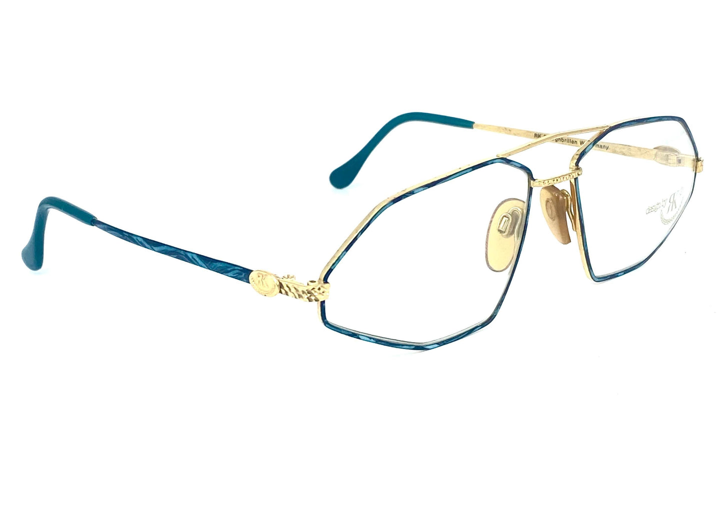 RK Design collectible avant-garde frames, polygonal dbl bridge golden metal w green enameled texture,  W Germany 80s NOS