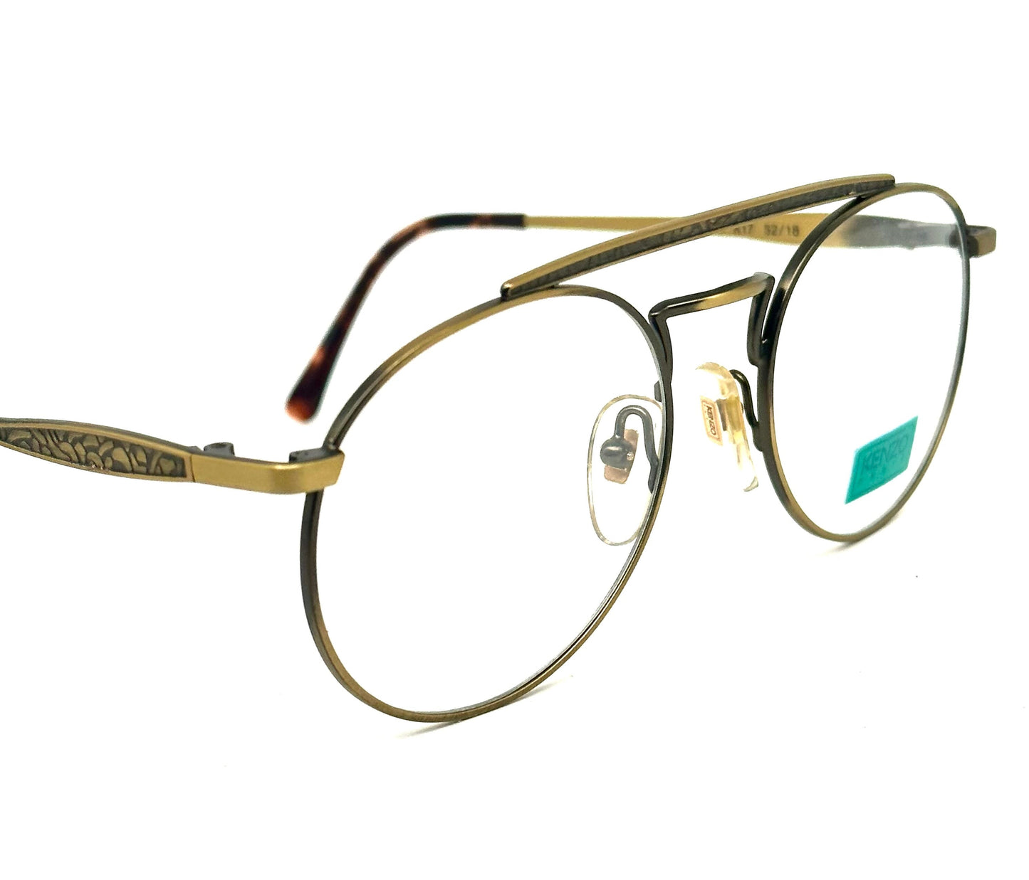 Kenzo 029 round dbl bridge aviator glasses frames w- carved deco details, NOS 80s France