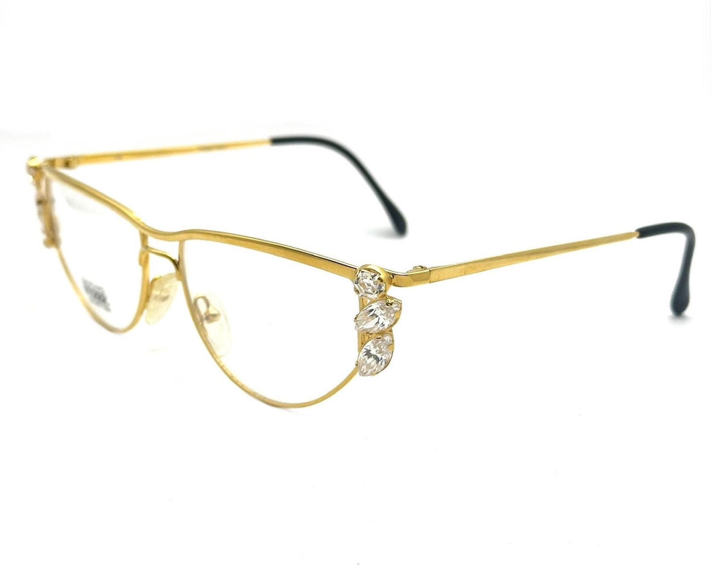 Gianfranco Ferré GFF75 jeweled cateye glasses, golden metal frames w big Swarovski crystals, 1980s NOS