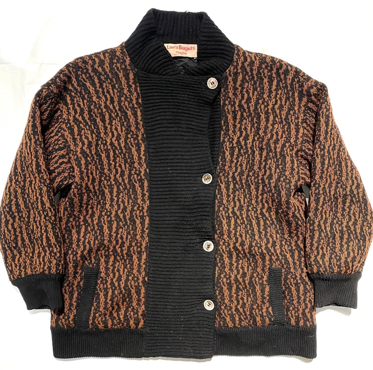 Laura Biagiotti brown/black zebra pattern wool knitted jacket w quilted lining, mint sz M