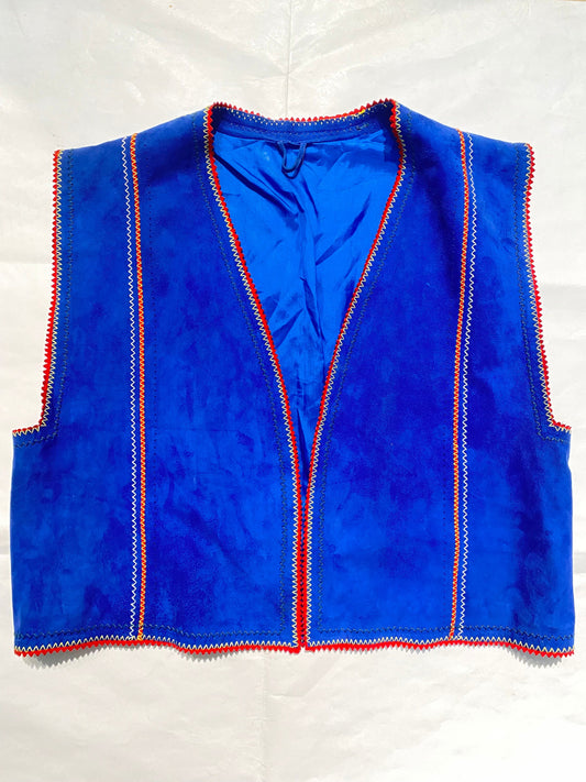 Pancaldi blue suede 2pcs vest / long skirt set w yellow/red striped and cutoff lotus flower detail, NOS 70s Mint