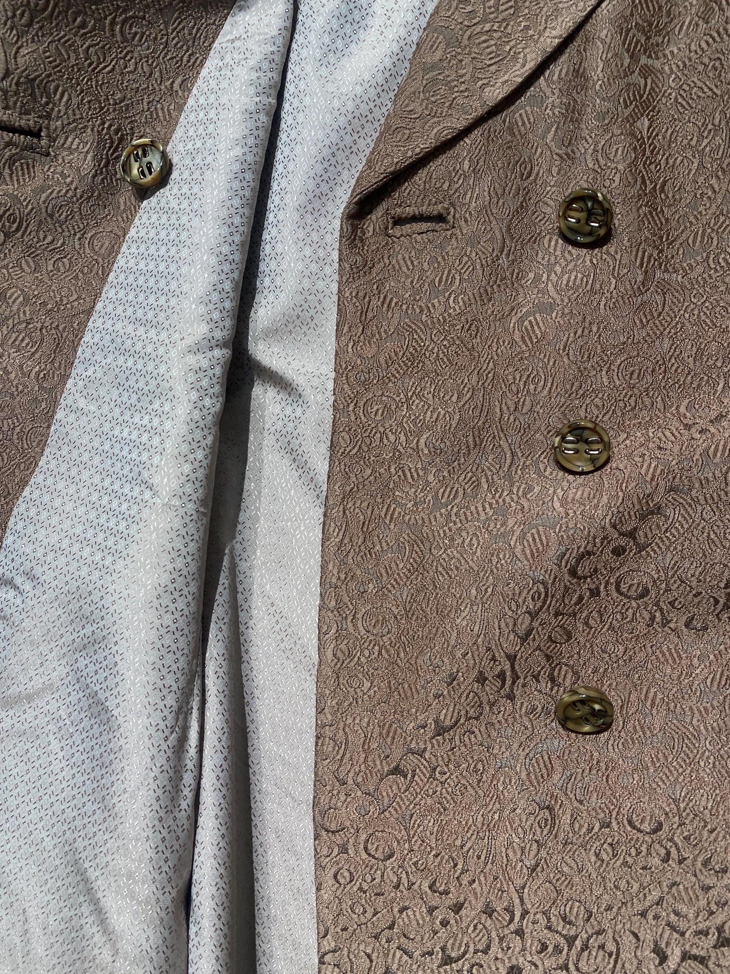 1960s sartorial dbl breast coat in jacquard satin brocade allover, cameo color w beige lining, as new
